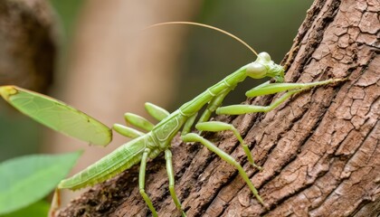 Natures Artistry A Green Mantis on a Tree Trunk