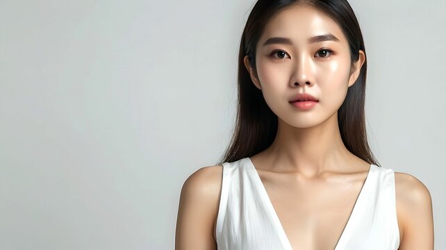 Young Asian pretty attractive woman with natural beauty and healthy radiant fair skin on white background, for beauty content