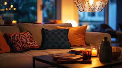 Transform Your Space: Cozy Living Room Poster Featuring Plush Sofa, Vibrant Pillows, Unique Coffee Table, and Warm Geometric Pendant Light for Inspiration and Style