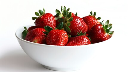 A high-quality image of a bowl of fresh strawberries, set against a clean white background.