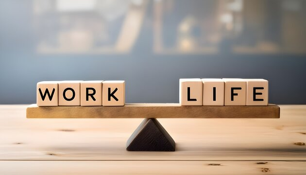 Work life balance concept. Wooden cube block with word WORK and LIFE on seesaw,background