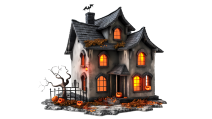 halloween house with bats on transparent background