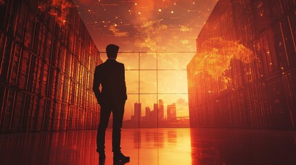 Businessman in Warehouse with Global Network Data Visualization