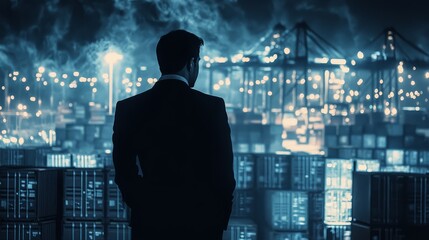 Businessman Silhouetted Against Container Port at Night