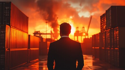 Fototapeta premium Businessman Standing at Sunset in Shipping Container Yard