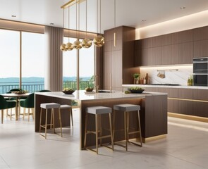 Residential interior of modern kitchen in luxury mansion, 3d rendering