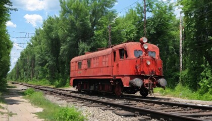 Fototapeta premium Vintage train journeying through a serene forest