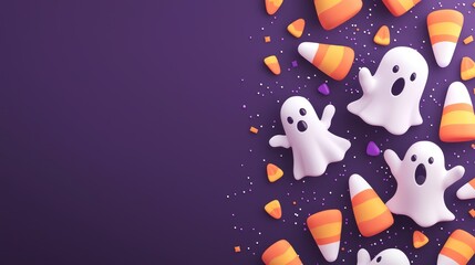 Spooky Halloween Invitation with 3D Candy Corn and Ghosts on Dark Purple Background, Generative Ai