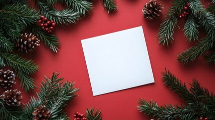 Fototapeta premium A red ribbon adorns a fir branch wreath, creating a festive Christmas card frame