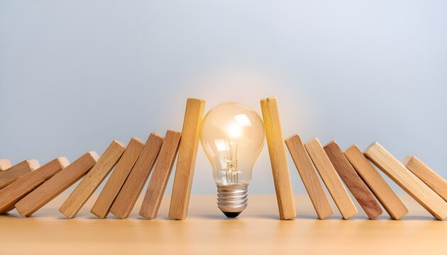 isk management concept. Light bulb stopping wooden block domino effect for business. 3d render illustration,concept