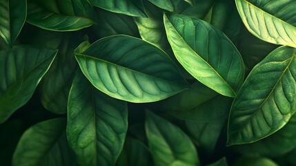 Fototapeta premium Fresh green leaves pattern, close-up nature texture, perfect for spring gardening.