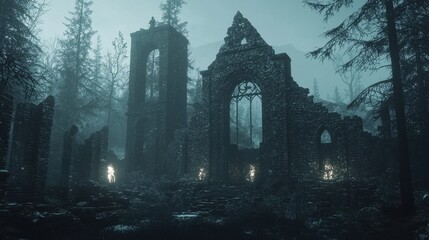 Mysterious Ruins in a Foggy Forest at Night