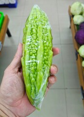 Close up of man's hand holding bitter melon wrapped in plastic at a supermarket in Vietnam. Bitter melon isolated.