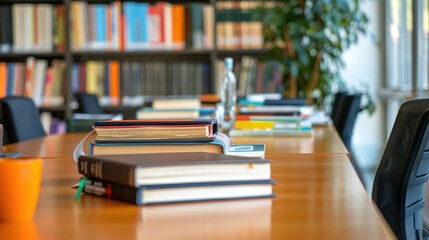 Books on a Wooden Table in a Library