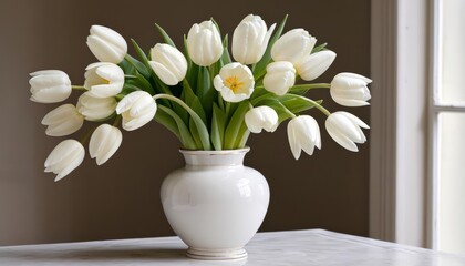  Elegance in bloom  A bouquet of white tulips in a classic vase