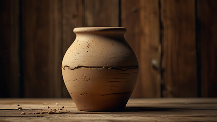 An ancient-looking sand of time vase with aged, dusty sands, placed on a rustic wooden background, representing history and tradition.