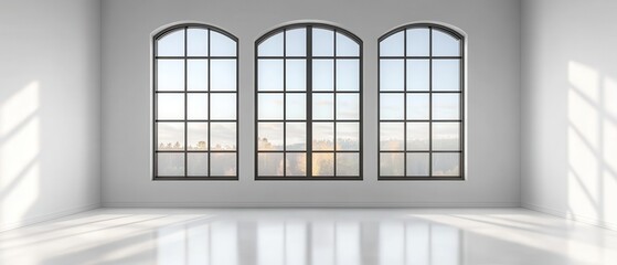 A large room with three windows and a white wall