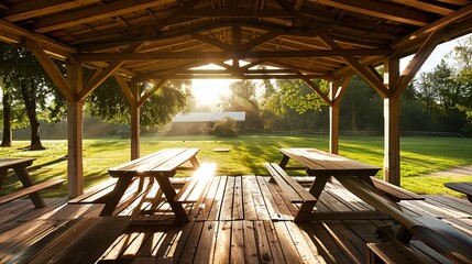 Serene Solitude: Sunlight Dappled on Wood Benches in an Empty Park Pavilion, a Tranquil Escape Amidst Nature's Whispers