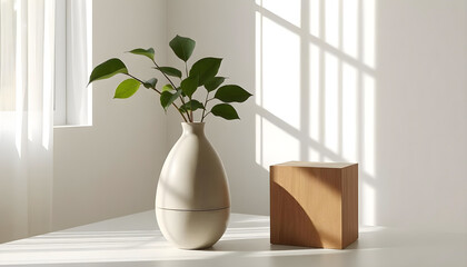 Minimalist Plant and Wooden Block in Sunlight