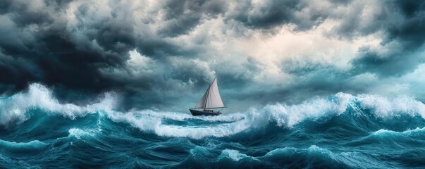 A 3D effect of a boat sailing out of a stormy sea, with waves crashing around it, 3D effect, boat, storm