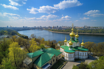 Fototapeta premium This image captures an Orthodox monastery with golden domes and green roofs set against a scenic river and an adjacent city skyline under a partly cloudy sky.