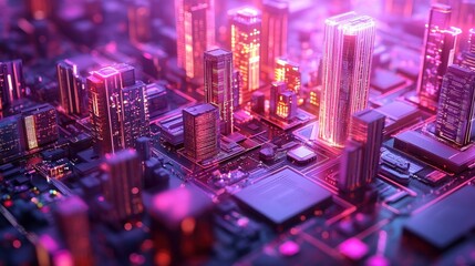 Futuristic Cityscape on Circuit Board Digital Technology Concept