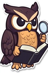 Obraz premium Wise Owl with Book and Magnifying Glass