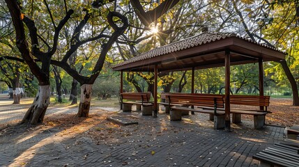 Fototapeta premium Serene Solitude: Sunlight Dappled on Wood Benches in an Empty Park Pavilion, a Tranquil Escape Amidst Nature's Whispers