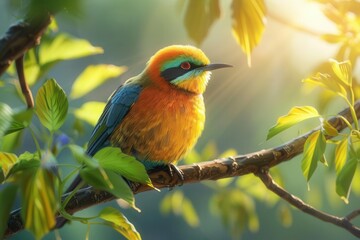 Vibrant, colorful bird perched on a tree branch, ultrarealistic textures, sunlight casting soft shadows, cinematic and detailed, midlevel view
