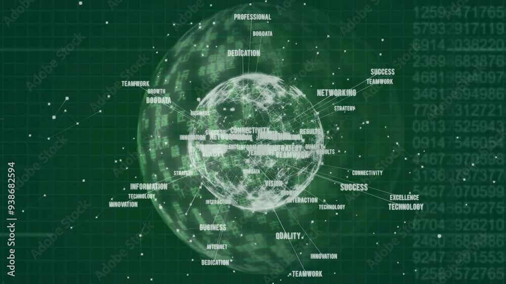 Poster animating globe with business keywords and data points over green grid background