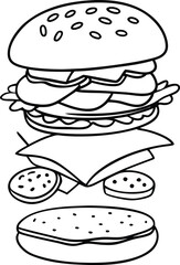 A deconstructed burger line art illustration black and white