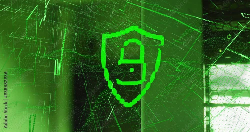 Poster lock and shield symbolizing cybersecurity over digital network animation