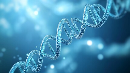 A detailed close-up of a blue DNA helix against a soft, blurred background, representing genetics, molecular biology, and biotechnology.