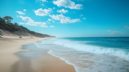 Obraz premium Azure Serenity: Tranquil turquoise waves gently caress the pristine sandy shore, under a vibrant blue sky dotted with fluffy white clouds, inviting you to escape to paradise.