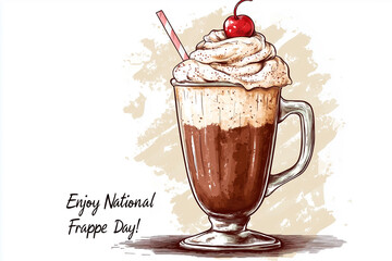 
Design a postcard featuring a refreshing frappe with whipped cream and a cherry on top. Add the text "Enjoy National Frappe Day!"