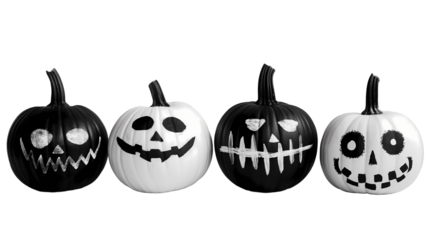 black and white halloween pumpkins set on transparent background