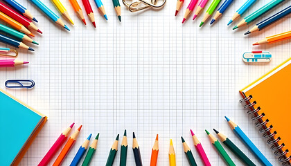 Fototapeta premium Colorful Pencils Surrounding a Gridded Notebook
