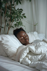 Person peacefully laying on a bed, surrounded by soft linens and comforting pillows. A plant adds a touch of greenery to the cozy bedroom scene.