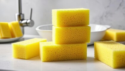  Freshly cut yellow sponge cubes ready for use