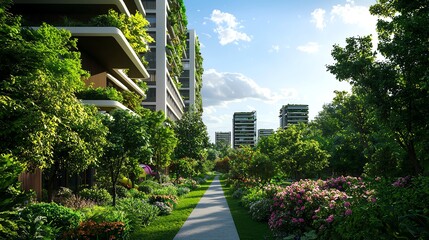 Obraz premium Sustainable urban community, interconnected green spaces, pedestrianfriendly design, energyefficient buildings, modern ecoarchitecture, vibrant cityscape
