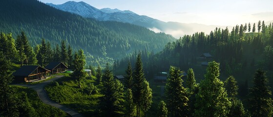 Modern mountain retreat, infrastructure with ecofriendly roads and bridges, luxury cabins, breathtaking views, natural surroundings, ultrarealistic, high detail