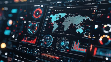 Obraz premium Futuristic Interface with World Map and Data Visualizations