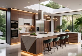 Residential interior of modern kitchen in luxury mansion, 3d rendering