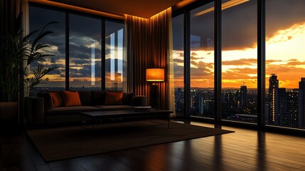 Contemporary urban apartment, sleek design with clean lines, floortoceiling windows, highend finishes, neutral tones, ambient lighting, photorealistic, 169 ratio