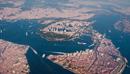 Obraz premium Aerial view of bustling cityscape with vibrant waterways