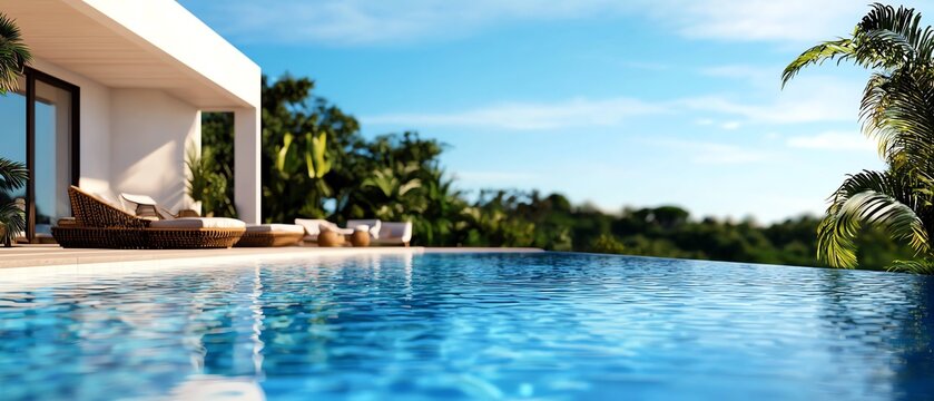 Luxury real estate, modern home with infinity pool and outdoor lounge, 3D illustration