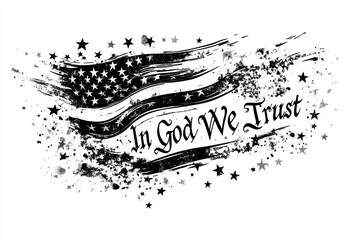 sketch tattoo showcases the iconic phrase from the United States Constitution, text "We the People" , "In God we trust" set against a backdrop of stars and stripes , 100% white background