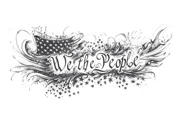 sketch tattoo showcases the iconic phrase from the United States Constitution, text "We the People" , "In God we trust" set against a backdrop of stars and stripes , 100% white background