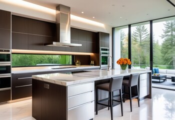 Residential interior of modern kitchen in luxury mansion, 3d rendering