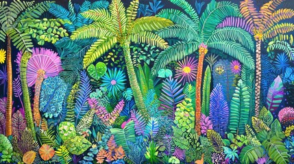 Vibrant Tropical Jungle Painting with Lush Green Foliage and Colorful Flowers